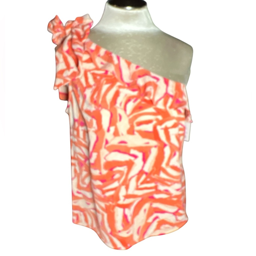Nine West Orange and Pink One-Shoulder tropical Blouse M